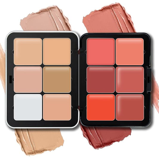 12 Colors Cream Blush Palette, Color Correcting Concealer Foundation Palette, Long Wearing Smudge Proof Blendable Matte Finish Blush Powder Highlighter and Cream Contour Palette Makeup (01)-Velvo Beauty