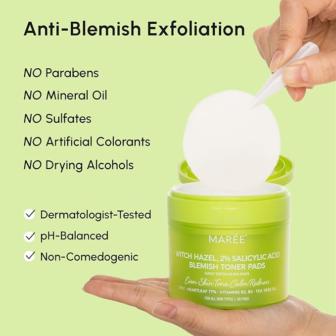 MAREE Blemish Toner Polishes - Daily Facial Radiance Toner Polish - Witch Hazel Pads Acne Face Toning - Acne Skin Care with BHA Salicylic Acid - Blemish Clearing Witch Hazel Wipes-Velvo Beauty