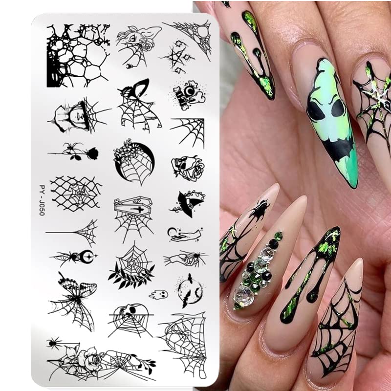6Pcs Halloween Nail Stamping Plates Fall Maple Leaf Nail Stamper Template Kit Ghost Bat Skull Spider Web Design Nail Decorations Supplies-Velvo Beauty