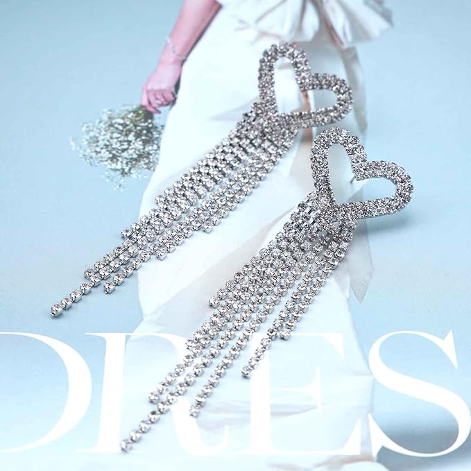 Boho Rhinestone Heart Tassel Earrings Long Tassel Chain Dangle Earrings Silver Crystal Cz Love Heart Studs Earrings Long Chandelier Dangle Earrings Wedding Cz Fringe Chain Earrings Jewelry for Women and Girls-Velvo Beauty