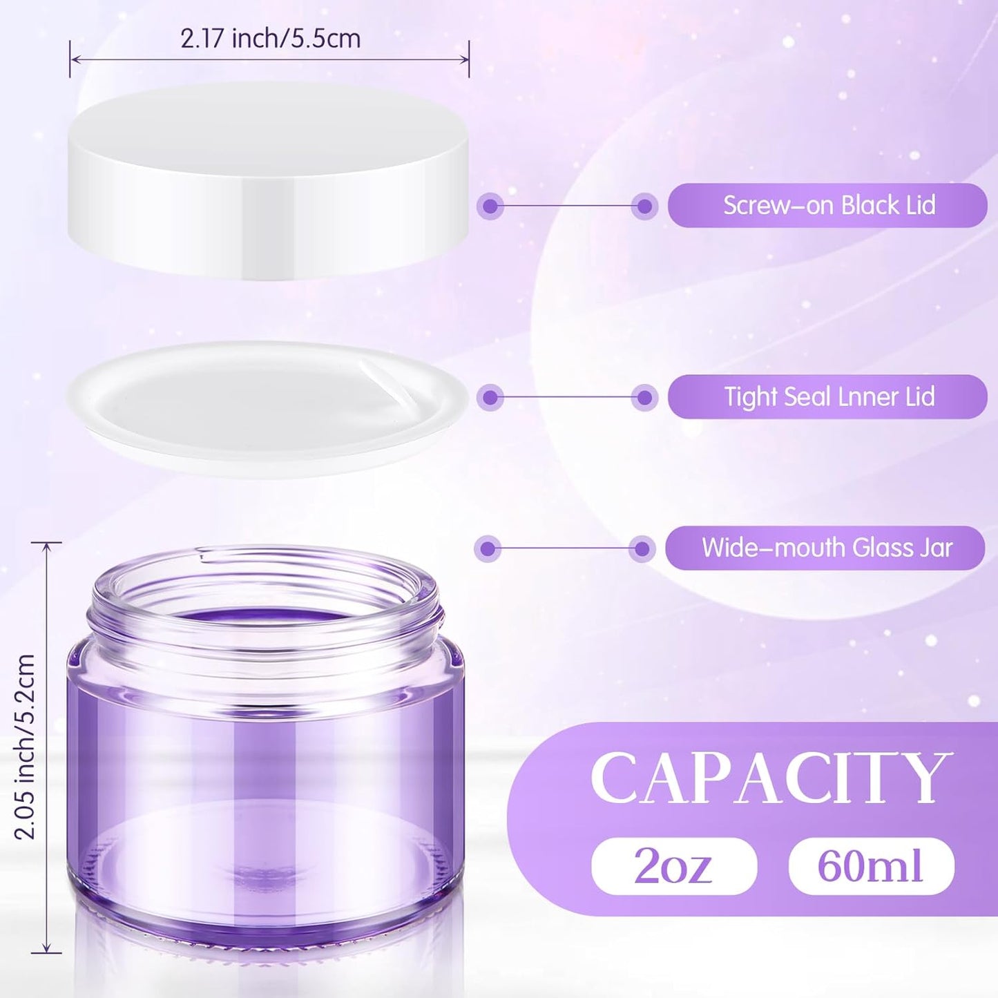 Domensi 48 Pcs 2 oz Glass Jars with Lids Travel Size Round Leakproof Empty Cosmetic Jars with Inner Liners Lid for Storing Makeup Lotions Face Cream Ointments Candle DIY Making (Light Purple)-Velvo Beauty