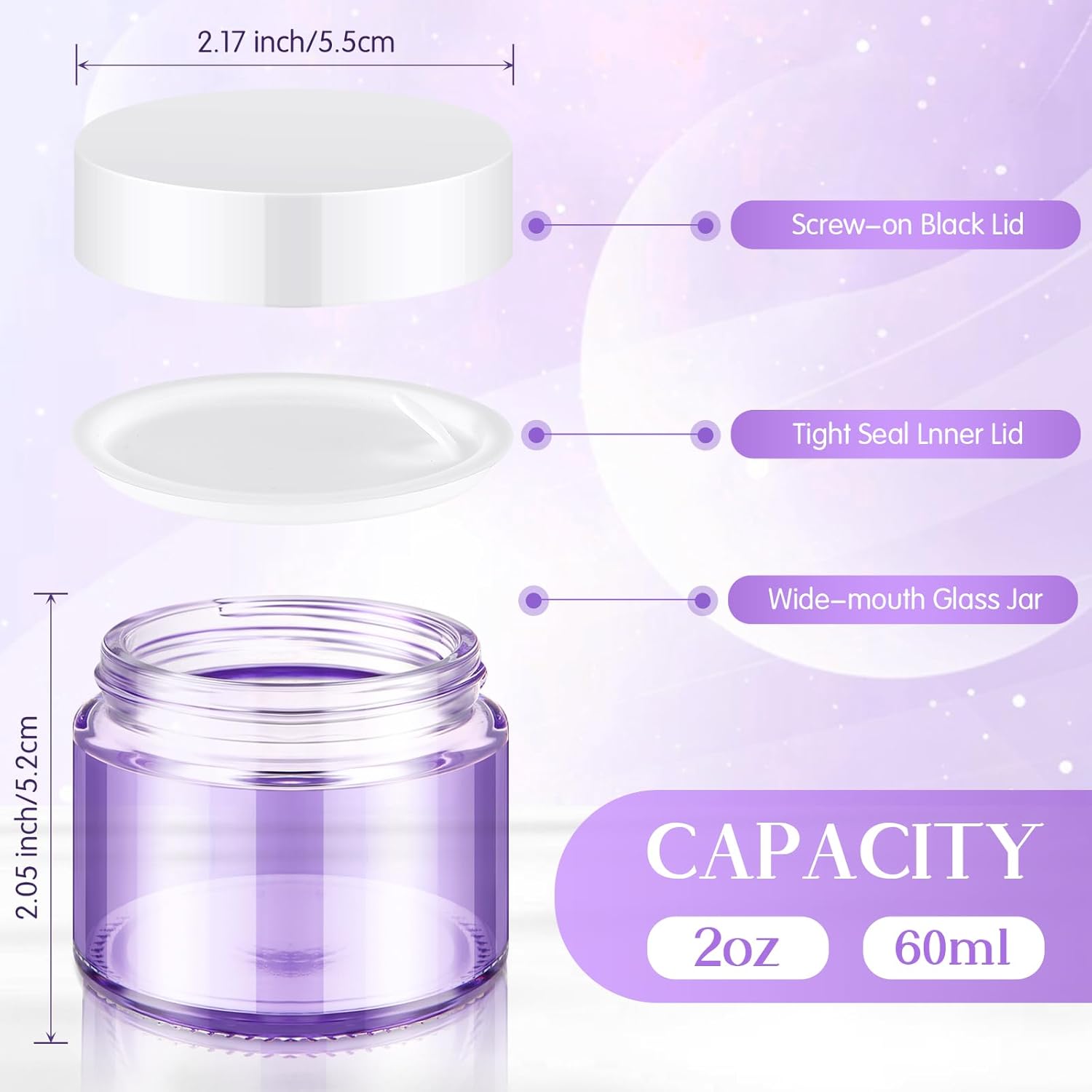 Domensi 48 Pcs 2 oz Glass Jars with Lids Travel Size Round Leakproof Empty Cosmetic Jars with Inner Liners Lid for Storing Makeup Lotions Face Cream Ointments Candle DIY Making (Light Purple)-Velvo Beauty