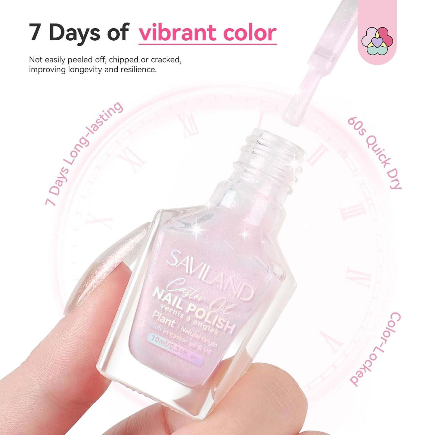 SAVILAND Color Artistry Pearl Pink Nail Polish: 7 Days Shimmer Aurora Finish Fingernail Polish Quick Dry Glitter Pink Fingernail Polish Regular Bulk Toe Nail Lacquer Non Gel DIY Home Women Manicure-Velvo Beauty