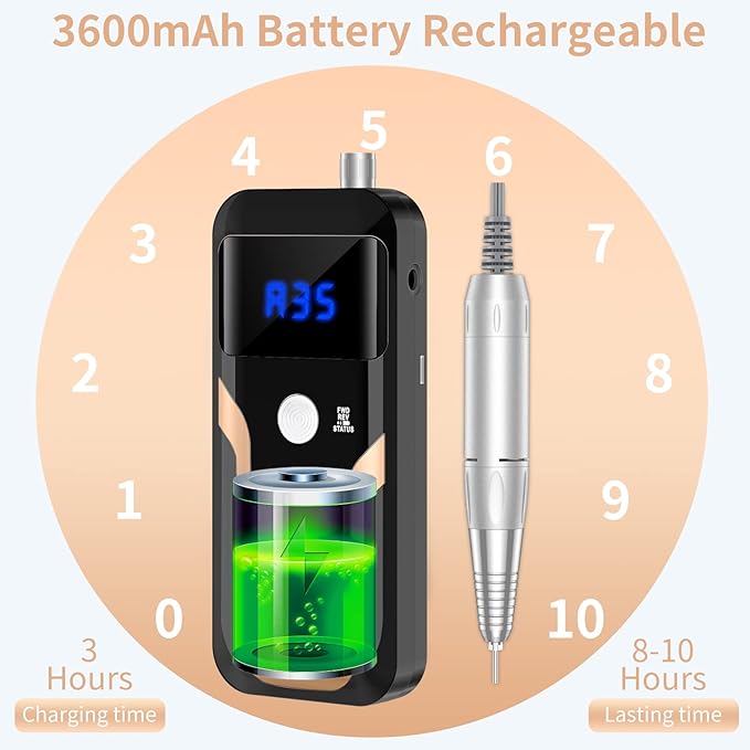 Portable Nail Drill Professional 35000 RPM, MOCOWIND Rechargeable Electric Nail File Machine for Acrylic Nails Gel Polishing Removing, Cordless E-File with Bits Kit for Manicure Salon Home, Black-Velvo Beauty