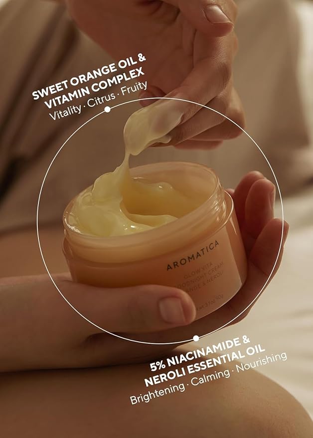 AROMATICA Glow Vita Goodnight Cream Orange & Neroli 3.1fl oz/90g - Night Cream Moisturizer For Face & Neck | Anti Aging Wrinkle Cream with Vitamin C, 5% Niacinamide-Velvo Beauty