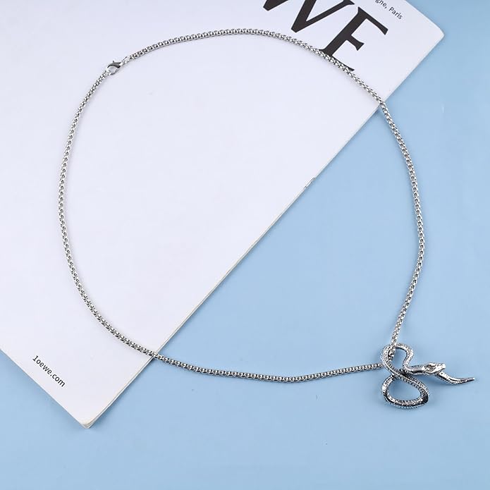 Vintage Snake Pendant Necklace Punk Snake Necklace Serpent Choker Necklace Silver Box Chain Necklace Jewelry for Women-Velvo Beauty