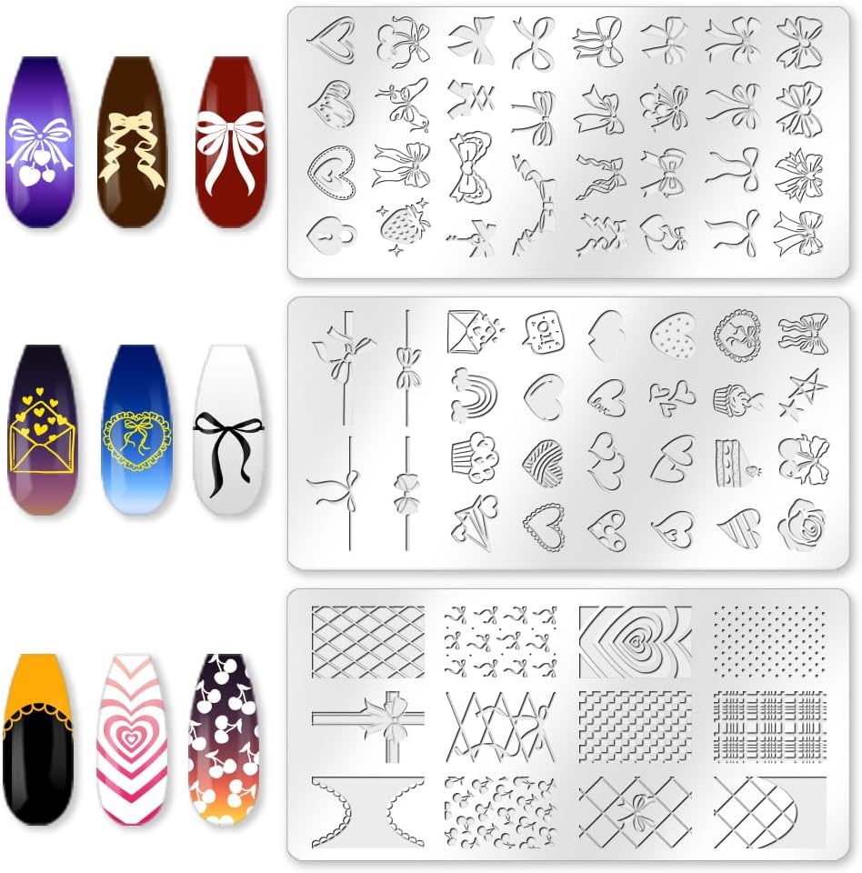 3Pcs Bow Nail Stamping Plate Set Girly Elements Romantic Heart Shape Stainless Steel Nail Stamp Templates Clear Silicone Nails Stamping with Stamper Scraper for Manicure Printing-Velvo Beauty