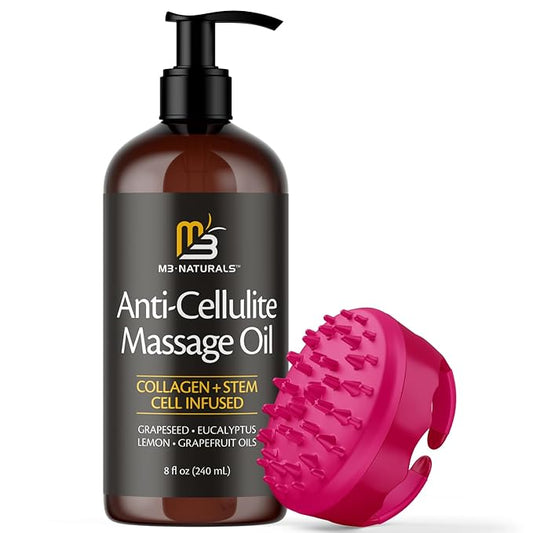 M3 Naturals Anti Cellulite Massage Oil and Silicone Body Brush – Collagen and Stem Cell Skin Tightening Formula for Smoothing and Firming – 8 Fl Oz-Velvo Beauty