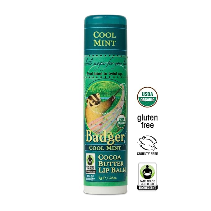 Badger - Cocoa Butter Lip Balm, Cool Mint, Certified Organic Lip Balm, Fair Trade, Natural Lip Balm, Lip Butter, Lip Balm Cocoa Butter, Cocoa Care Lip Balm, 0.25 oz-Velvo Beauty