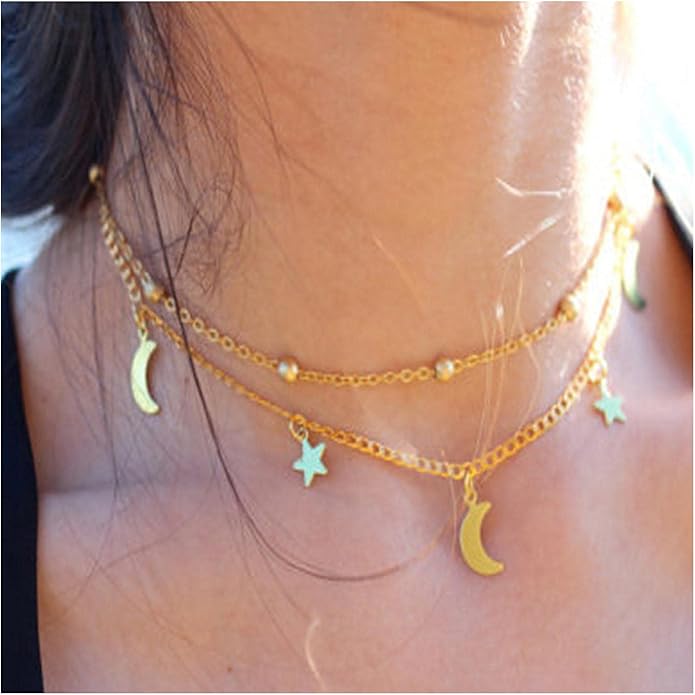 Boho Star Moon Necklace Choker Gold Layered Star Choker Necklace Crescent Moon Necklace Celestial Necklace Chain Festival Jewelry for Women and Girls-Velvo Beauty