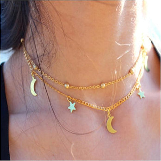 Boho Star Moon Necklace Choker Gold Layered Star Choker Necklace Crescent Moon Necklace Celestial Necklace Chain Festival Jewelry for Women and Girls-Velvo Beauty