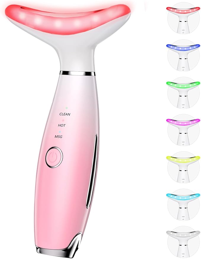 7 Color Galvanic Machines - Red Light Therapy for Face and Neck, Face Massager Tool for Wrinkles, Double Chin, Vibrating Facial Massager with Thermals, Pink-Velvo Beauty