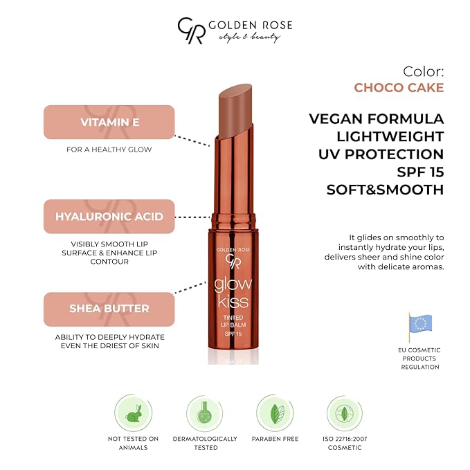 Golden Rose Cosmetics Glow Kiss Tinted Lip Balm with SPF15, Vegan Formula (Choco Cake)-Velvo Beauty