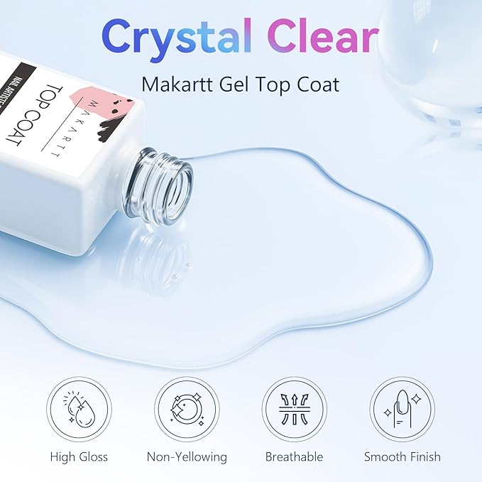Makartt Gel Top Coat - 2 PCS No Wipe Top Coat Gel Nail Polish High Glossy Shine Finish Long Lasting, 10ML Clear Soak Off UV Nail Lamp, Salon Quality Art Design for Home Use Beauty Gift-Velvo Beauty
