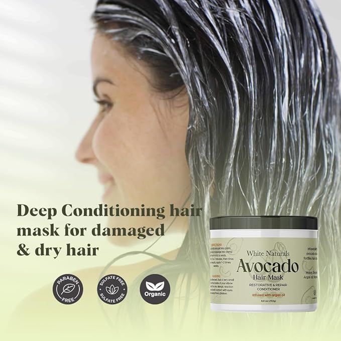 White Naturals Avocado Hair Mask Infused with Biotin for Growth and Volume, Deep Conditioning Cream for Healthy Hydrated Thick Hair, Nourishing Avocado Oil Cream to Help Restore Damaged Tips-Velvo Beauty