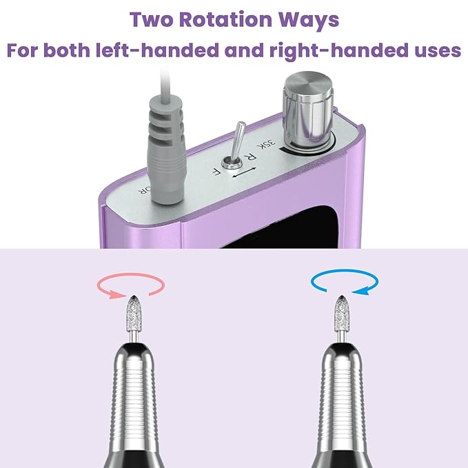 Delanie Professional Nail Drill High Torque 35000 RPM Rechargeable Portable Electric Nail File Filer for Acrylic Gel with Cuticle Bits, Salon Manicure Tool, Purple-Velvo Beauty