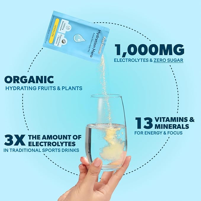 Feel Goods Hydration Hero, 1,000mg Electrolytes Powder, Sugar Free, Magnesium, Organic Aloe Vera, L Theanine, Vitamin C & B12, Non GMO, Keto, Vegan, Electrolyte Packets | Lemon Lime, 15 Count-Velvo Beauty