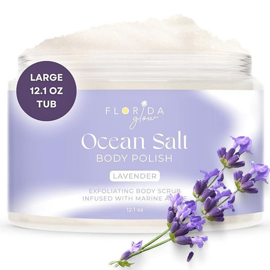Sea Salt Body Scrub by Florida Glow - Ocean Salt Body Polish Infused with Marine Algae - Exfoliating Face and Body Scrub - to Tackle Acne and Scars for Smooth Soft Skin (Lavender, 12.1 oz)-Velvo Beauty