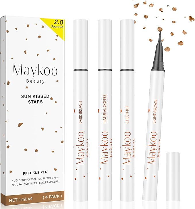 4 Colors Freckle Pen Set, Natural Lifelike Face Fake Freckle Stamp Makeup Pen Waterproof Long Lasting Quick Dry Faux Freckles Sun-kissed Makeup-Light Brown,Natural Coffee,Chestnut,Dark Brown-Velvo Beauty