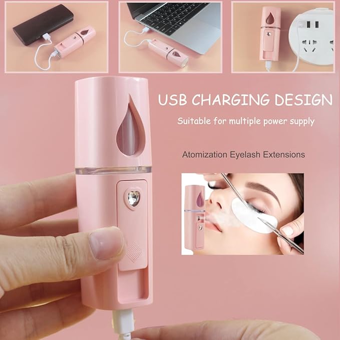 Nano Facial Mister Portable Mist Sprayer with Mirror Mini Cool Mist Spray for Skin Care & Facial Body Moisturized & Eyelash Extensions, USB Rechargeable (Pink)-Velvo Beauty