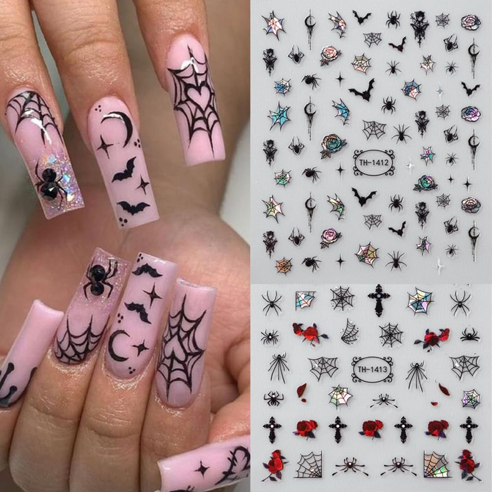 6 Sheets Halloween Nail Stickers Decals, 3D Spider Nail Sticker Decoration Self-Adhesive Colorful Red Rose Flowers Spider Web for Nails Stickers DIY Manicure Art Halloween Decoration-Velvo Beauty
