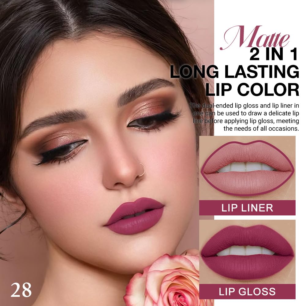 evpct 1Pcs Rose Plum Neutral Matte Lip Liner and Liquid Lipstick Stain Makeup Set for women, Rose Long Lasting Smudge Proof Lipstick labiales matte mate larga duracion listip 24 hours originales, 28#-Velvo Beauty