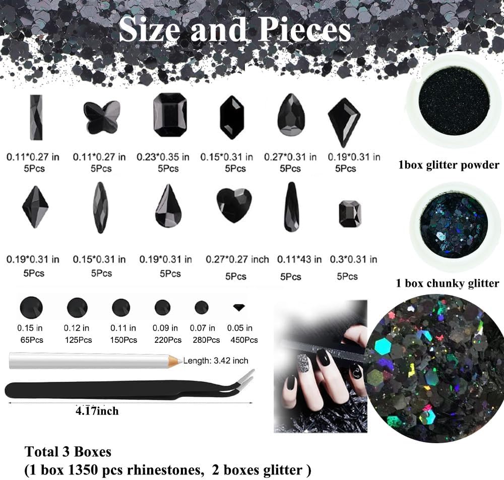 3 Boxes Black Nail Rhinestones with Fine Glitters Kit, 60Pcs Big Assorted Black Nail Gems with S6-S16 Flatback Round Stones,Crystals Nail Gem Stones for DIY Faces Body Crafts-Velvo Beauty