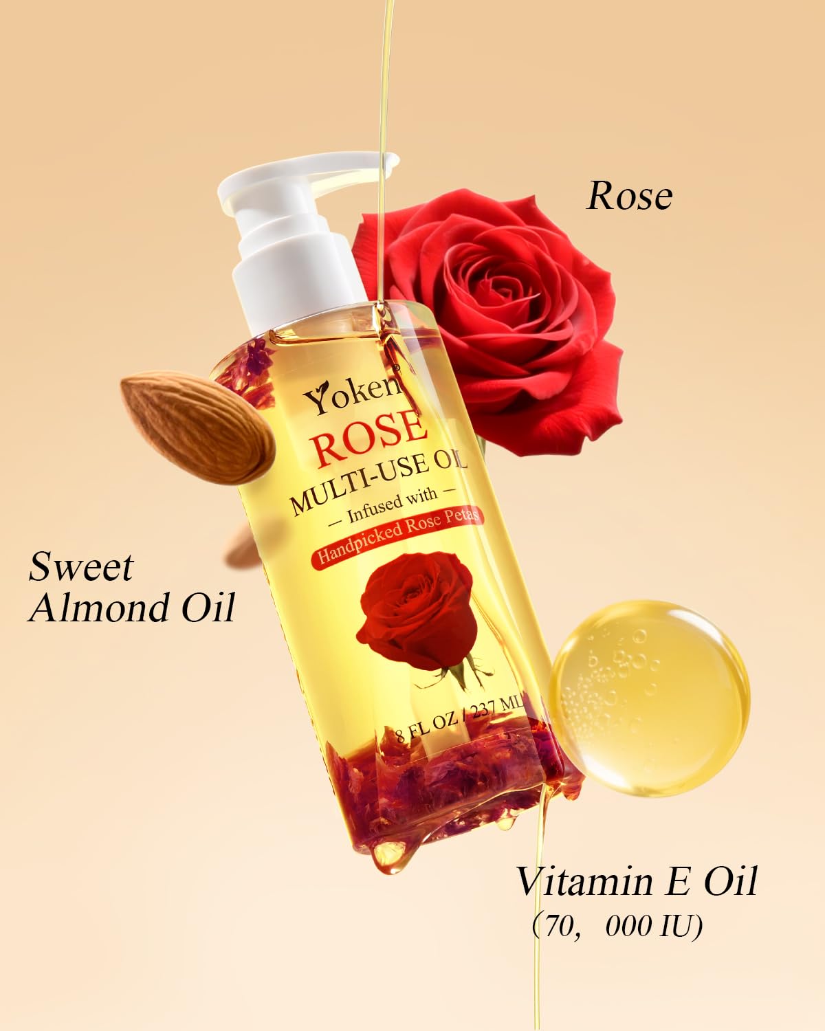 Yoken Multi-Used Body Oil For Skin,Face,Hair and Nails,Multi Purpose Organic oil With Rose Petals,Vitamin E & Almond Oil Nourishing & Hydrating,Body Oil for Moisture & Skin After Bath Oil,8 Fl Oz-Velvo Beauty