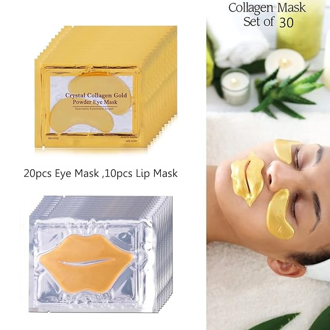 VERONNI Eye Lip Mask Set -20pcs Under Eye Patches,10pcs Gold Lip Mask -24K Gold Crystal Eye Lip Pads Treatment for Dry Lip,Dark Circles Eyes Moisturizing, Hydrating(Gold Eye Lip Mask Set)-Velvo Beauty