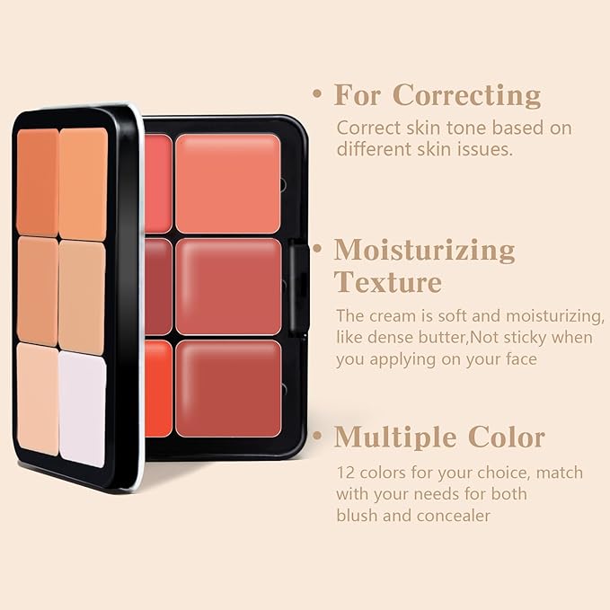 12 Colors Cream Blush Palette, Color Correcting Concealer Foundation Palette, Long Wearing Smudge Proof Blendable Matte Finish Blush Powder Highlighter and Cream Contour Palette Makeup (01)-Velvo Beauty