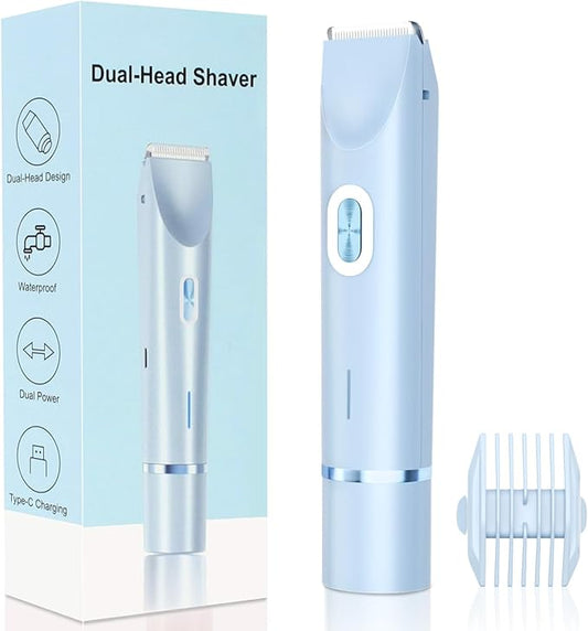 2025 New 2-in-1 Electric Bikini Trimmer for Women - Dual Head Electric Razor,Waterproof Painless Bikini Shaver, Pubic Hair Trimmer for Private Area & Body Hair, Blue-Velvo Beauty