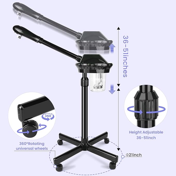 Professional Facial Steamer, Facial Steamer on Wheels, Face Steamer with Time Setting, Stand Face Steamer Adjustable Height for Spa, Salon and at Home use-Velvo Beauty