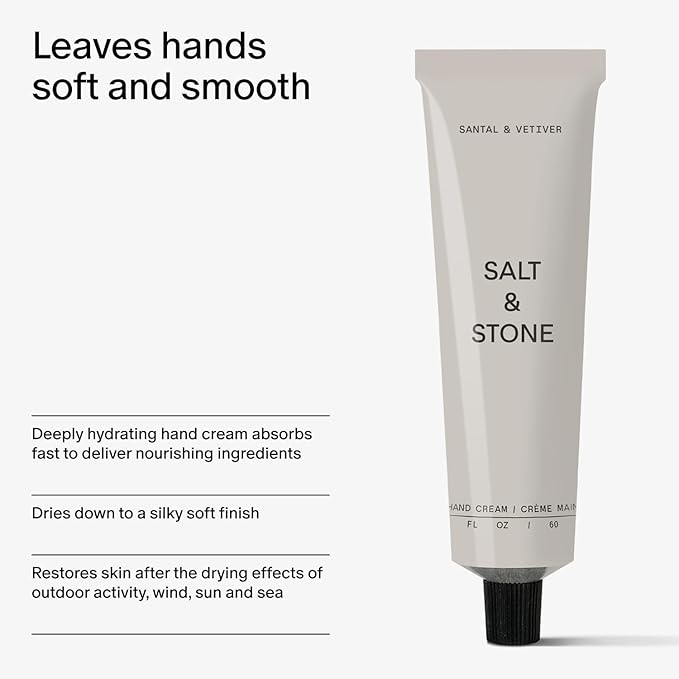 Salt & Stone Hand Cream for Women & Men | Santal & Vetiver | Hydrates, Nourishes & Softens Skin | Restores Dry Cracked Hands | Fast-Absorbing | Cruelty-Free & Vegan (2 fl oz)-Velvo Beauty