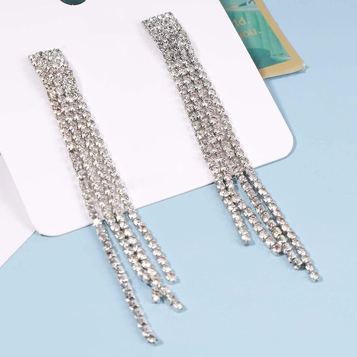 Boho Rhinestone Tassel Earrings Long Fringe Drop Dangle Earrings Silver Crystal Chain Tassel Earrings Vintage Chandelier Chain Studs Earrings Luxury Statement Earrings Jewelry for Women and Girls Gifts-Velvo Beauty