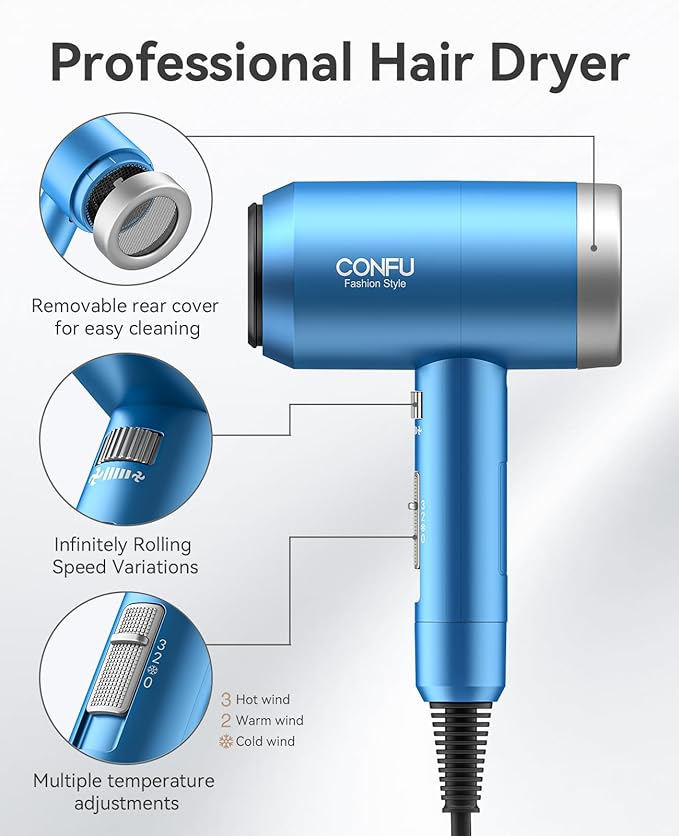 Hair Dryer, CONFU Hair Dryer with Diffuser, 21000PRM Professional Hairdryer, Portable Lightweight Fast Drying Negative Ionic Blow Dryer, Hair Diffuser for Curly Hair for Home Travel-Velvo Beauty