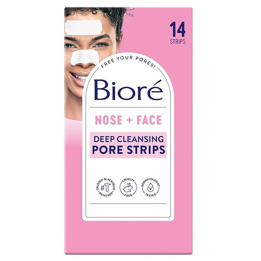 Bioré Nose+Face Blackhead Remover Strips, Deep Cleansing Strips for Nose, Chin, or Forehead, Instant Blackhead Removal and Pore Unclogging, Oil-free, Non-Comedogenic Use, 14 Count-Velvo Beauty