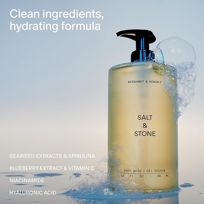 Salt & Stone Body Wash with Antioxidants for Deep Moisture | For Women & Men, Sulfate, Paraben, & Dye Free, Leaving Skin Soft and Hydrated | Bergamot & Hinoki 32 fl oz-Velvo Beauty