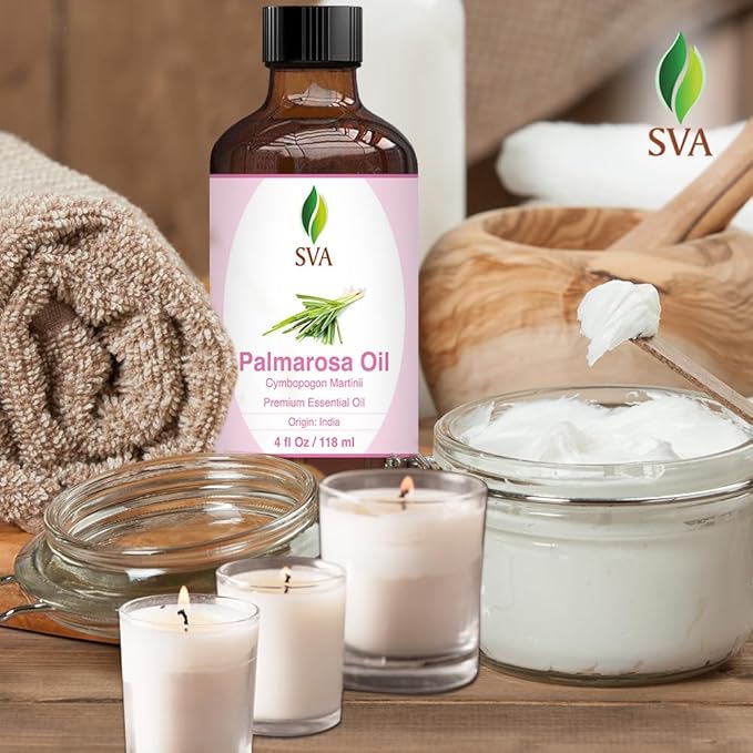 SVA Palmarosa Essential Oil – 4 Fl Oz – 100% Natural Palmarosa Oil - for Diffuser, Hair Care, Face, Skin Care, Aromatherapy, Scalp and Body Massage, Soap and Candle Making – with Dropper-Velvo Beauty