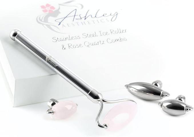 Stainless Steel Ice Roller & Rose Quartz Facial Set | Luxury Skin Care Tools for Lymphatic Drainage, Product Absorption, Skin Tightening, & Relaxation-Velvo Beauty