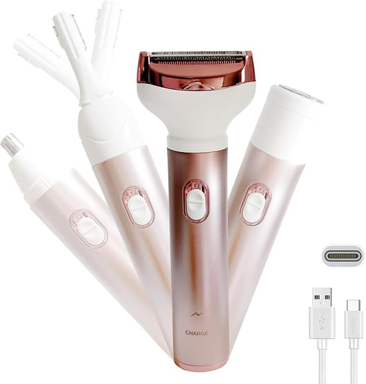 Electric Razor for Women, Hair Trimmer for Bikini Legs Womens Shaving Eyebrow Lips Body Face Beard Mustache Nose Arm Armpit Facial Hair Removal for Women's Shaver 4 in 1 Kit, Type-C Charging Port-Velvo Beauty