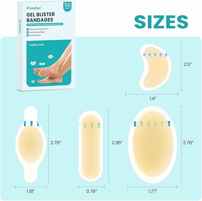Blister Bandages Blister Pads - 50 ct Blister Cushions - Water Resistant Hydrocolloid Bandages for Foot, Toe, Heel - Gel Blister Bandages for Prevention & Recovery, Variety Pack-Velvo Beauty