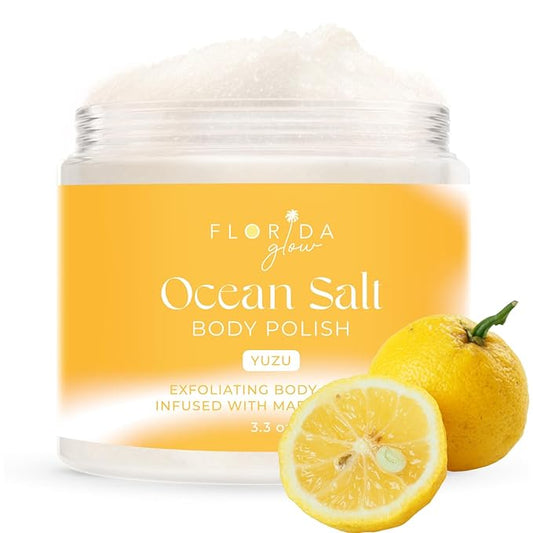 Sea Salt Body Scrub by Florida Suncare - Ocean Salt Body Polish Infused with Marine Algae - Exfoliating Face and Body Scrub - Facial Scrub Exfoliator to Tackle Acne and Scars (Yuzu, 3.3oz)-Velvo Beauty