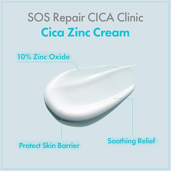 SOS Repair CICA Clinic Zinc Cream, 100,000ppm Zinc Oxide, Heal, Soothe Acne, Redness, Rosacea Treatment, Skin Barrier Repair, Moisture, Non-Comedogenic, Korean Skin care, 50g, 1.76 oz.-Velvo Beauty