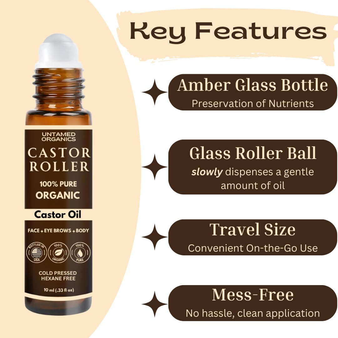 100% Organic Castor Oil Roll On For Eyebrows, Lips, Under Eyes, Eyelashes, Cuticles - Mess Free Roller Ball - Certified Organic, Cold Pressed, Hexane Free - Travel Sized Glass Bottle-Velvo Beauty