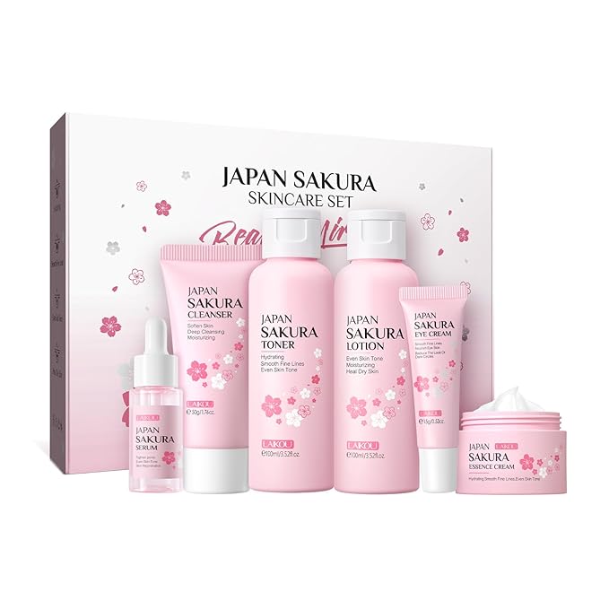 Skin Care Set JAPAN SAKURA Women Beauty Gift Sets Skin Care Kit with Cleanser, Toner, Lotion, Serum, Eye Cream, Face Cream Travel Kit for Women Teen Girls Mom Daughter TSA-friendly Sizes 6pcs-Velvo Beauty