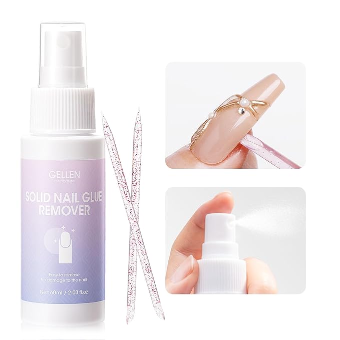Gellen 2 Pack Solid Nail Glue Gel Remover 60ML Press On Nails Remover Glue Off Spray for False Acrylic Tips, with Stick, Acetone Free, Nail-friendly-Velvo Beauty