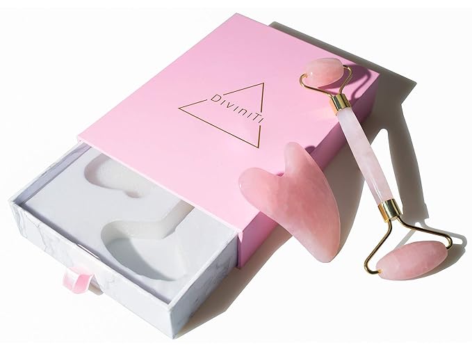 Rose Quartz Face Roller and Gua Sha Set - Face Roller Skin Care - Jade Roller and Gua Sha and Jade Roller for Face Rollers for Women Gifts - Rose Quartz Roller for Face Massage Roller DiviniTi-Velvo Beauty
