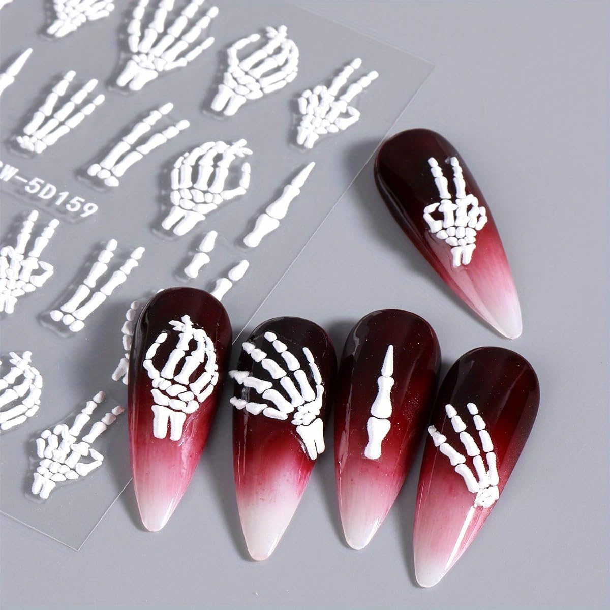 3Pcs Skull & Ribcage 5D Nail Stickers - Y2K Gothic Horror Design, Self-Adhesive Foil Decals Halloween Nail Art, Single-Use Plastic Embossed Animal Print, Golden, White, Rose Gold Skull Nails Decals-Velvo Beauty