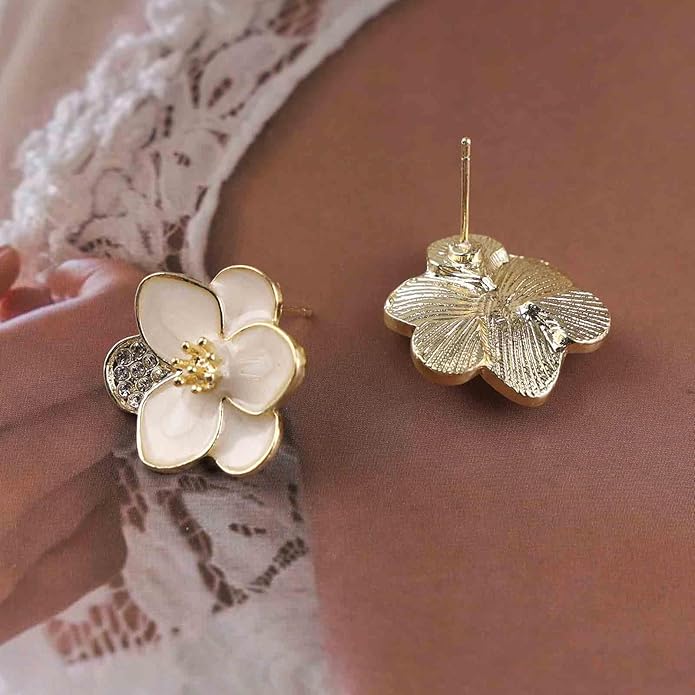 Vintage Enamel Flower Stud Earrings Camellia Flower Earrings Gold Crystal Flower Petal Earrings White Petal Stud Earrings Jewelry for Women-Velvo Beauty