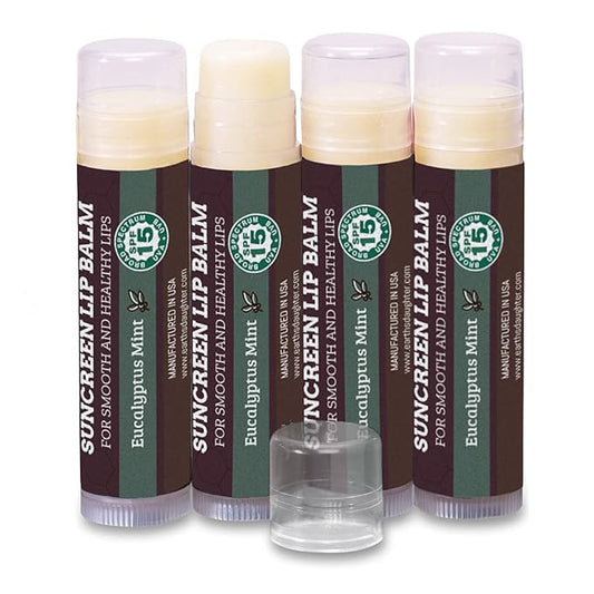 SPF Lip Balm 4-Pack by Earth's Daughter - Lip Sunscreen, SPF 15, Organic Ingredients, Eucalyptus Mint Flavor, Beeswax, Coconut Oil, Vitamin E - Hypoallergenic, Paraben Free, Gluten Free-Velvo Beauty
